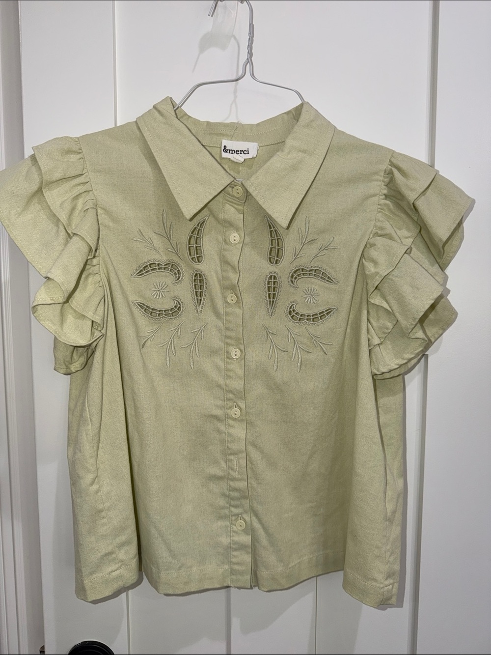 &merci Pale Lime Embroidered Ruffle-Sleeve Button Down Shirt